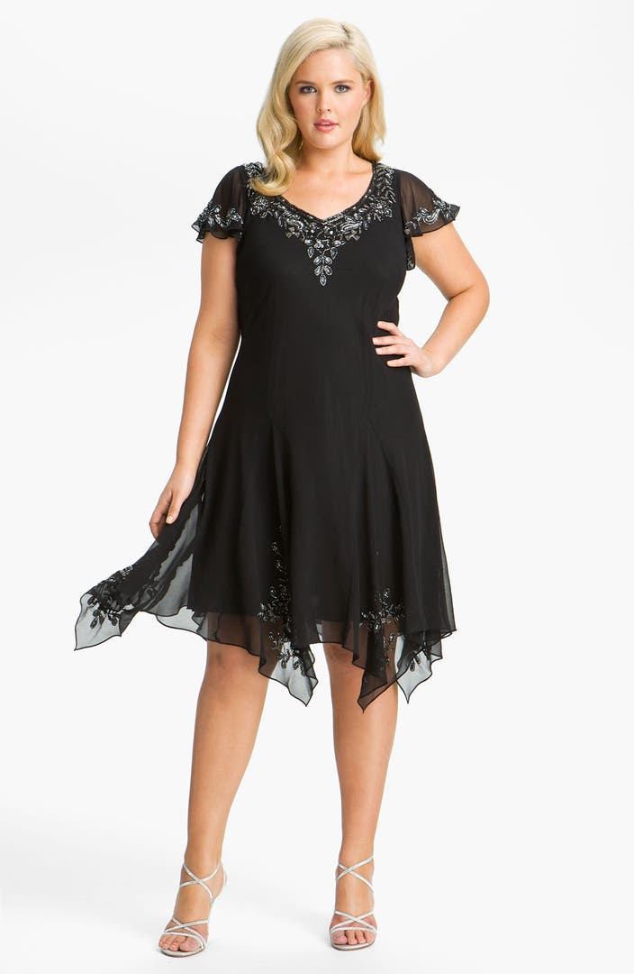 J Kara Beaded Flutter Sleeve Chiffon Dress (Plus Size) | Nordstrom