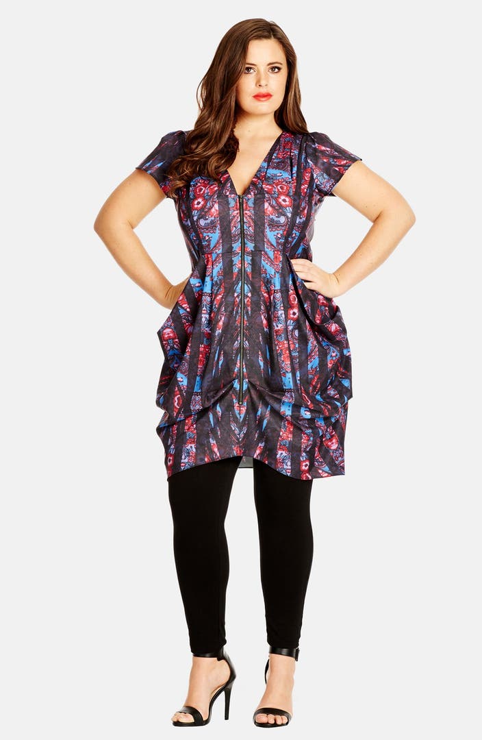City Chic Paisley Mirror Print Front Zip Pleat Tunic Dress (Plus Size ...