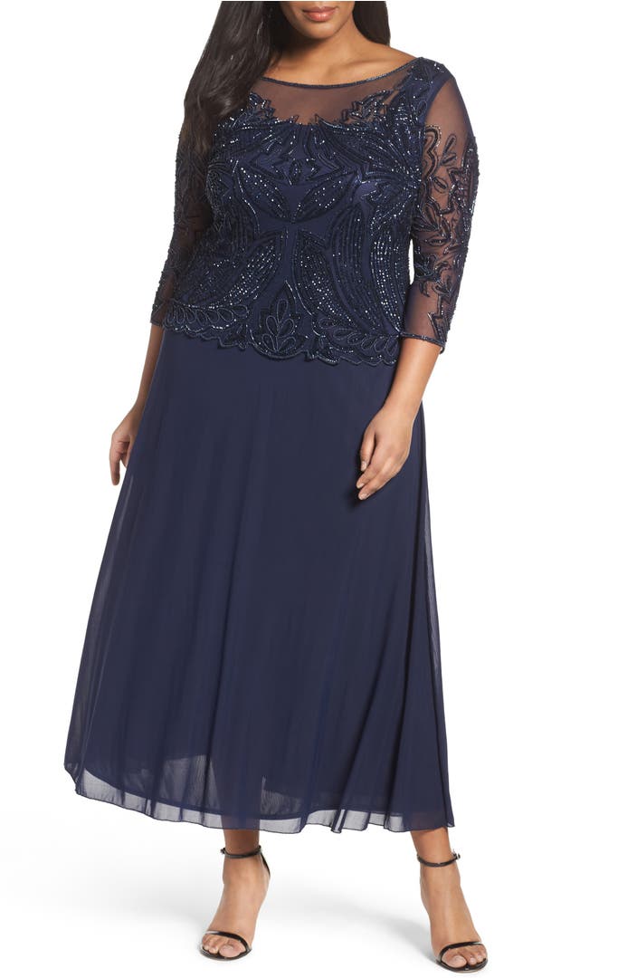 Pisarro Nights Illusion Neck Beaded A-Line Gown (Plus Size) | Nordstrom