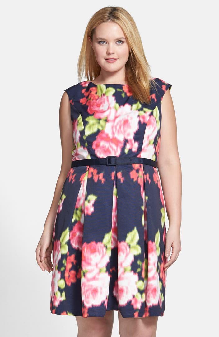 Eliza J Floral Print Cap Sleeve Fit & Flare Dress (Plus Size) | Nordstrom