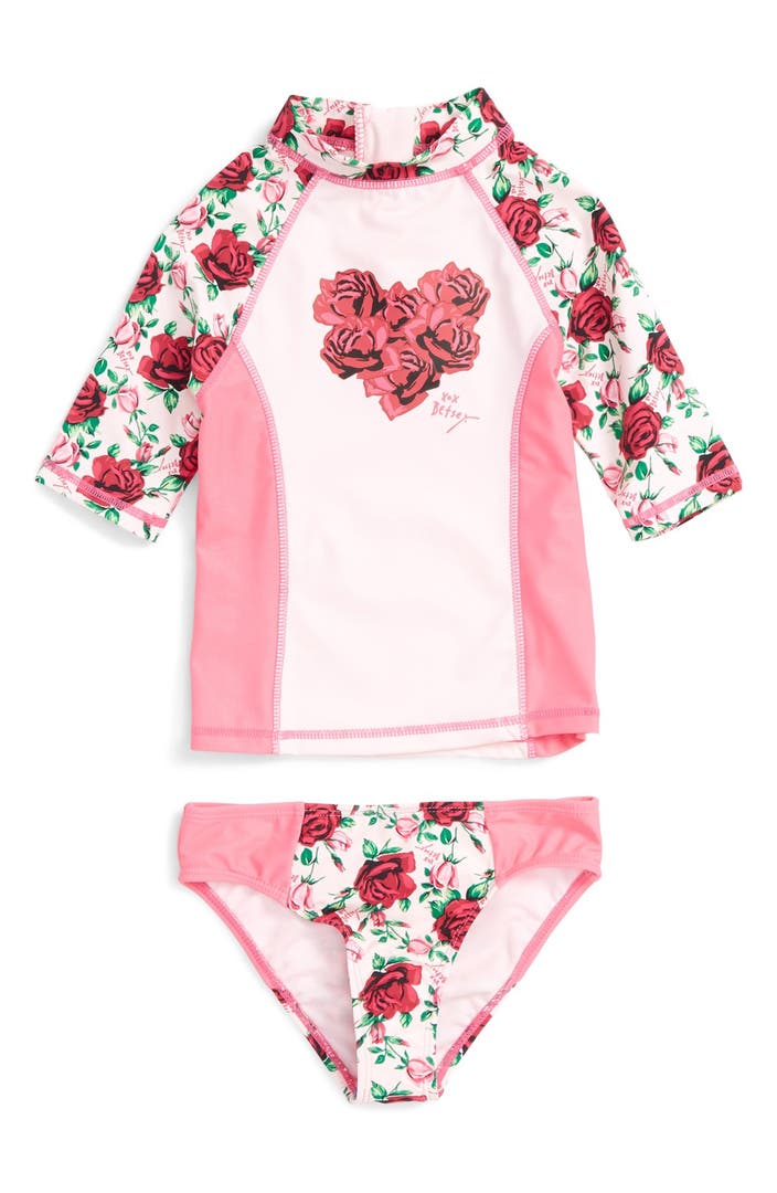 Betsey Johnson Floral Print Two-Piece Rashguard Swimsuit (Toddler Girls ...