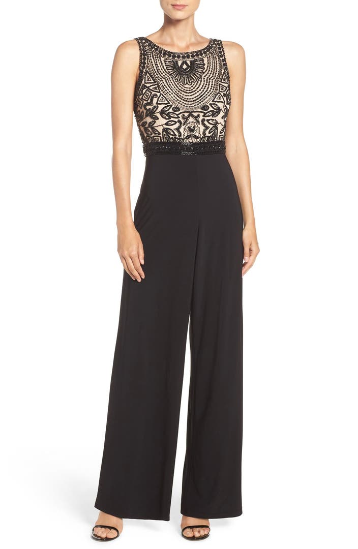 Adrianna Papell Embellished Mesh & Jersey Jumpsuit | Nordstrom
