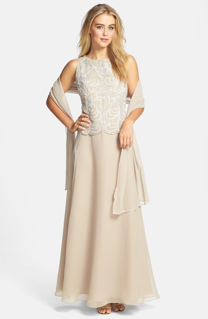 J Kara Embellished Chiffon A-Line Gown with Shawl | Nordstrom