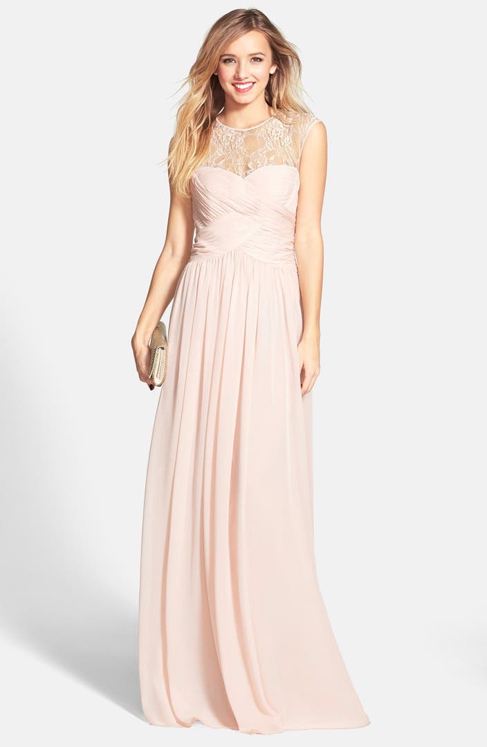 JS Boutique Lace Yoke Ruched Chiffon Gown | Nordstrom