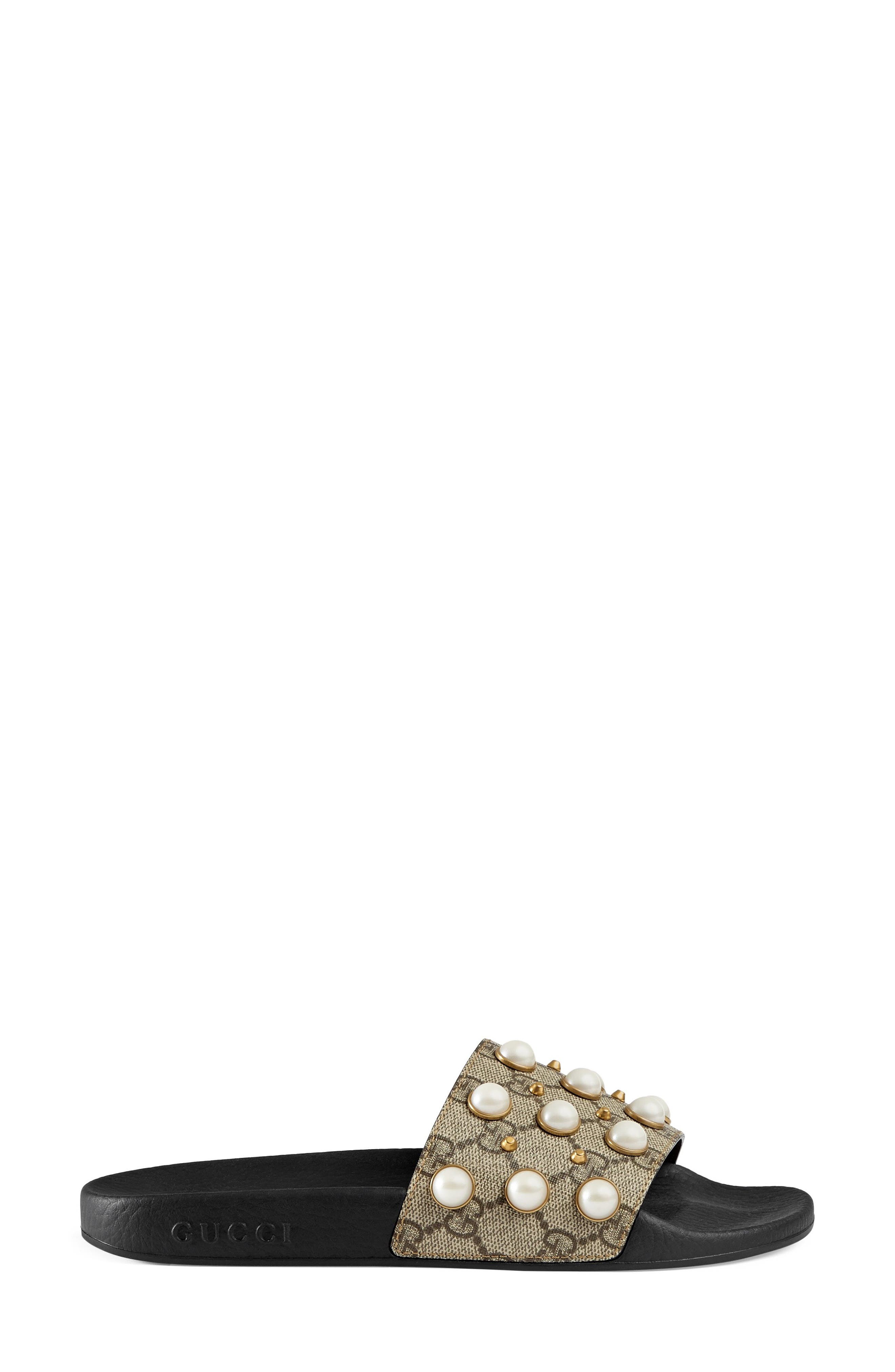 GUCCI PEARLY-STUDDED GG SUPREME SLIDE SANDALS, BEIGE | ModeSens