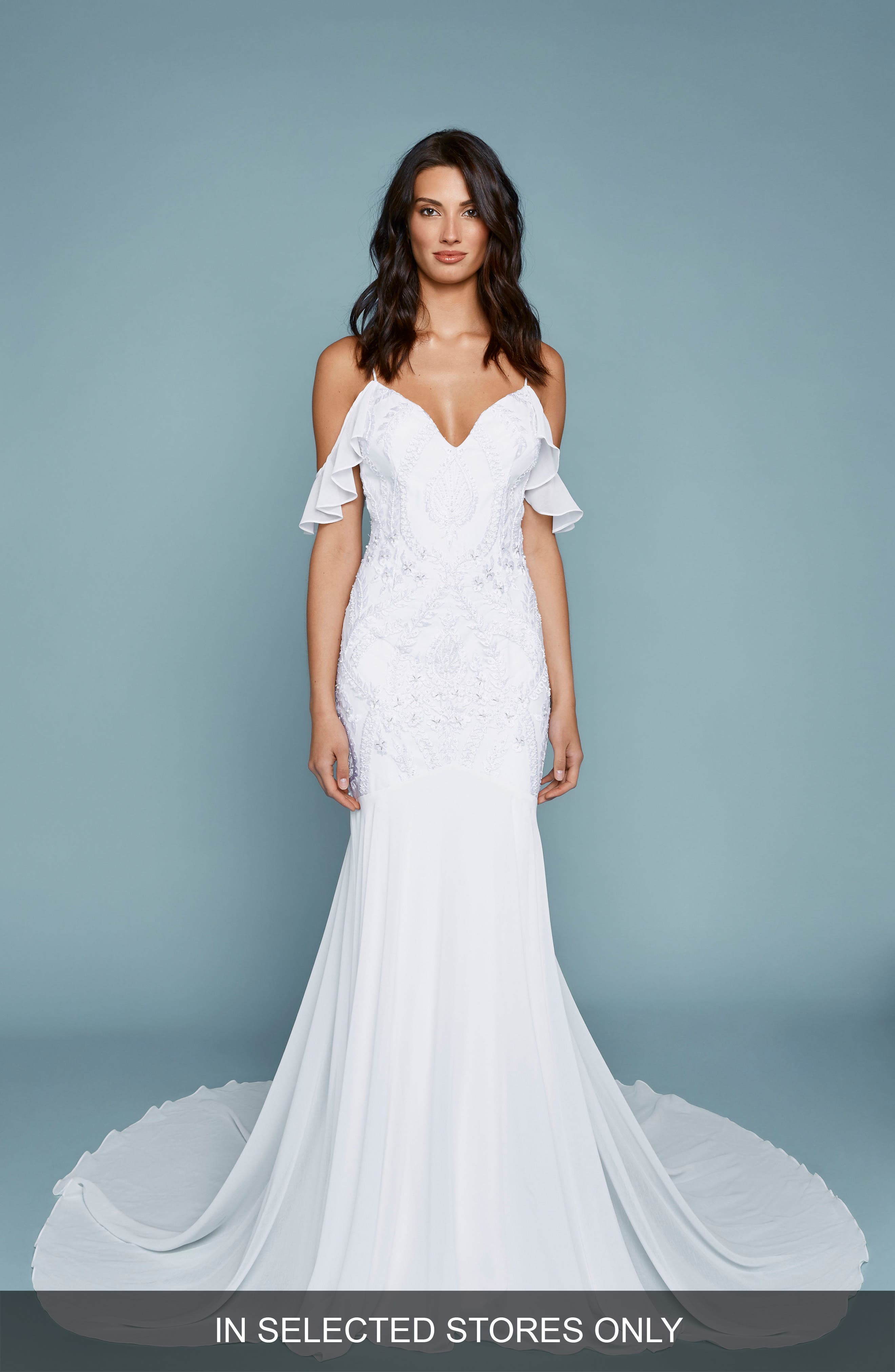 Katie May TULUM EMBROIDERED CHIFFON OFF THE SHOULDER MERMAID GOWN