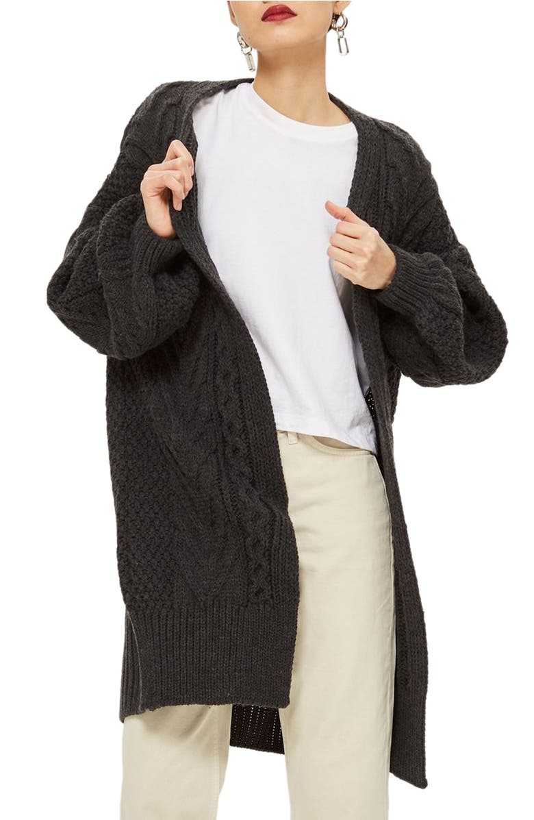 Long Open Front Cardi, Main, color, Charcoal