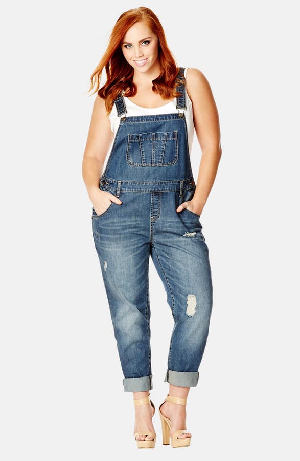 Main Image - City Chic 'Over It All' Distressed Denim Overalls (Plus Size)