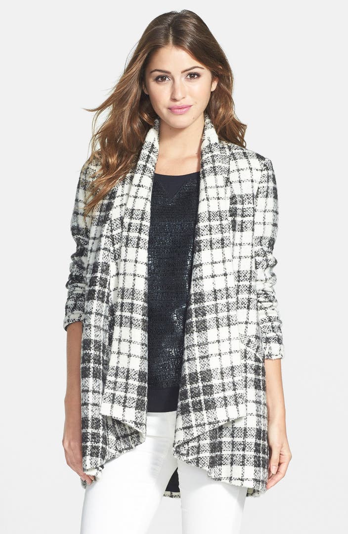NYDJ Plaid Drape Front Swing Coat with Faux Leather Trim | Nordstrom