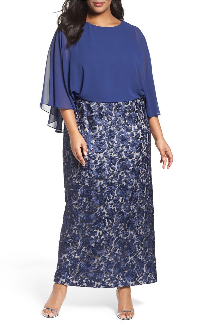 Alex Evenings Chiffon & Embroidered Lace Long Blouson Dress (Plus Size ...