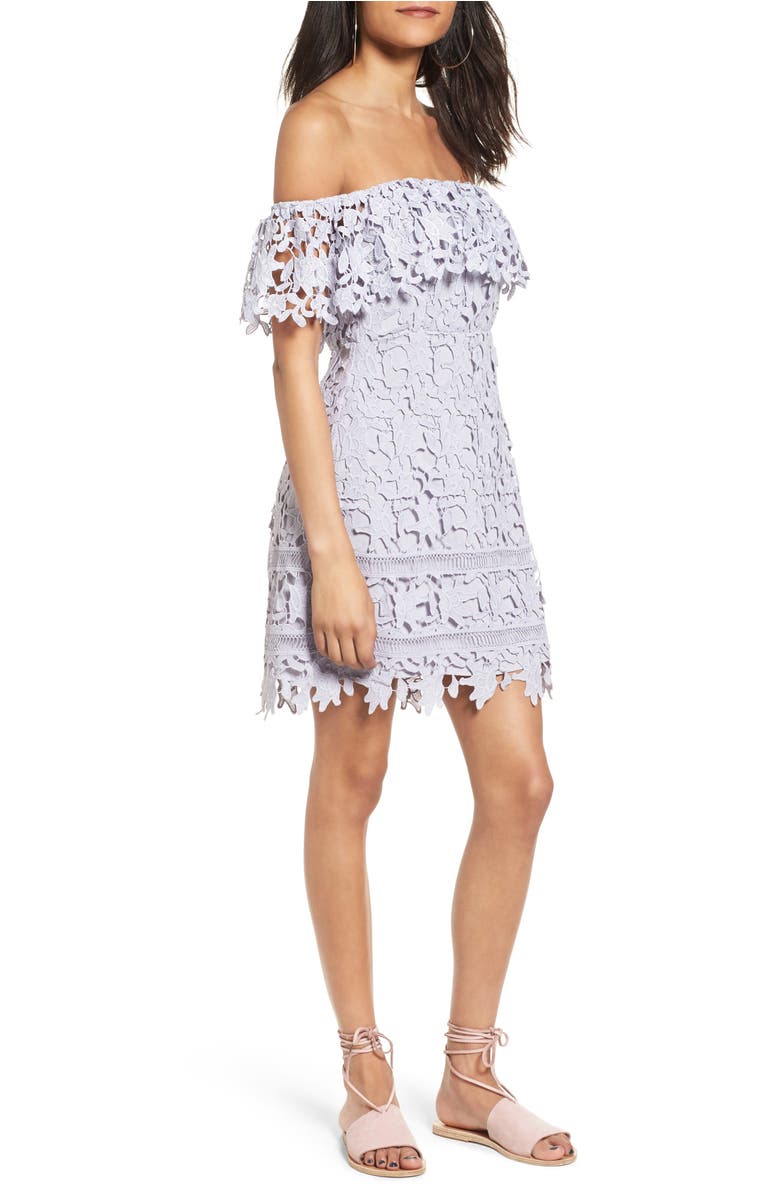 Off the Shoulder Lace Minidress, Main, color, Lilac