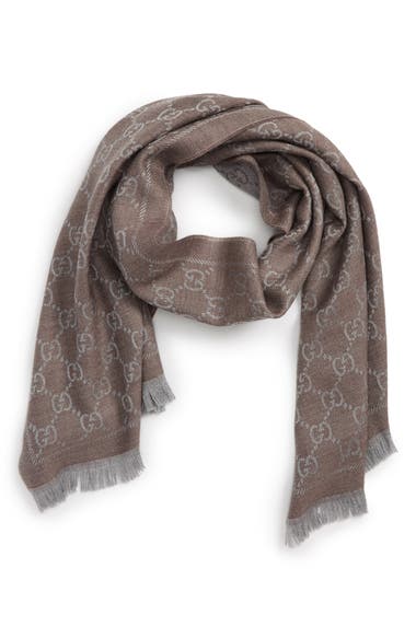 GUCCI Gg Jacquard Wool Scarf in Gray | ModeSens