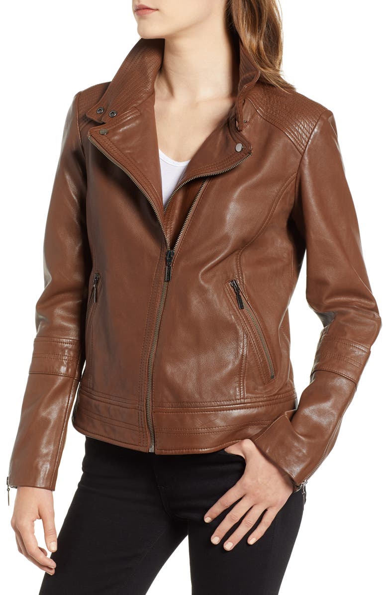 Bernardo Leather Moto Jacket In Saddle Brown | ModeSens