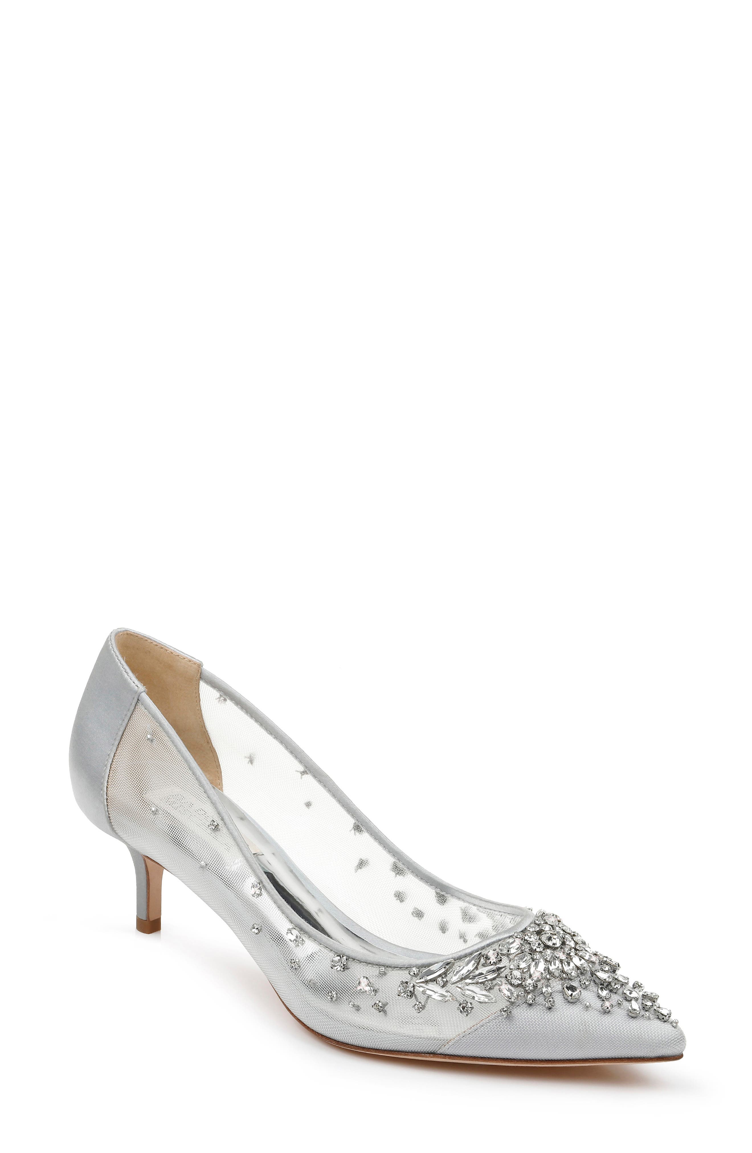 silver kitten heel evening shoes