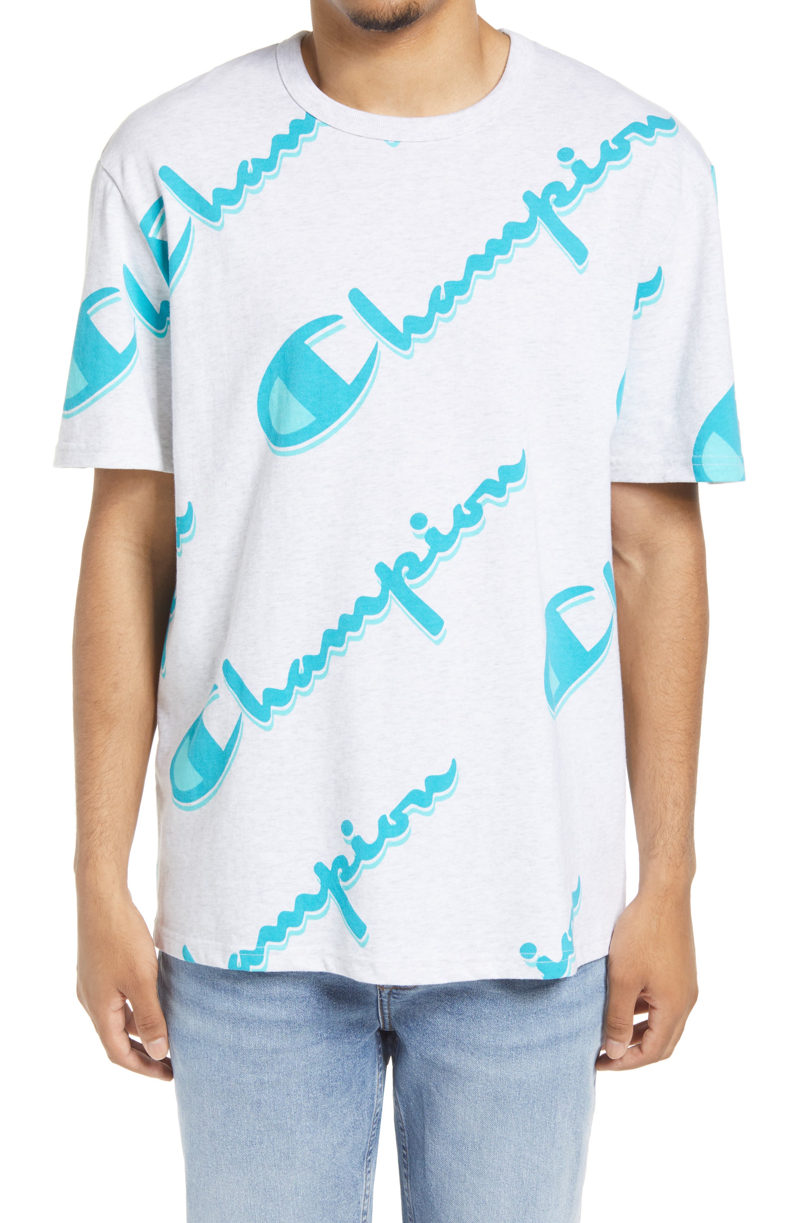 white champion shirt with blue letters