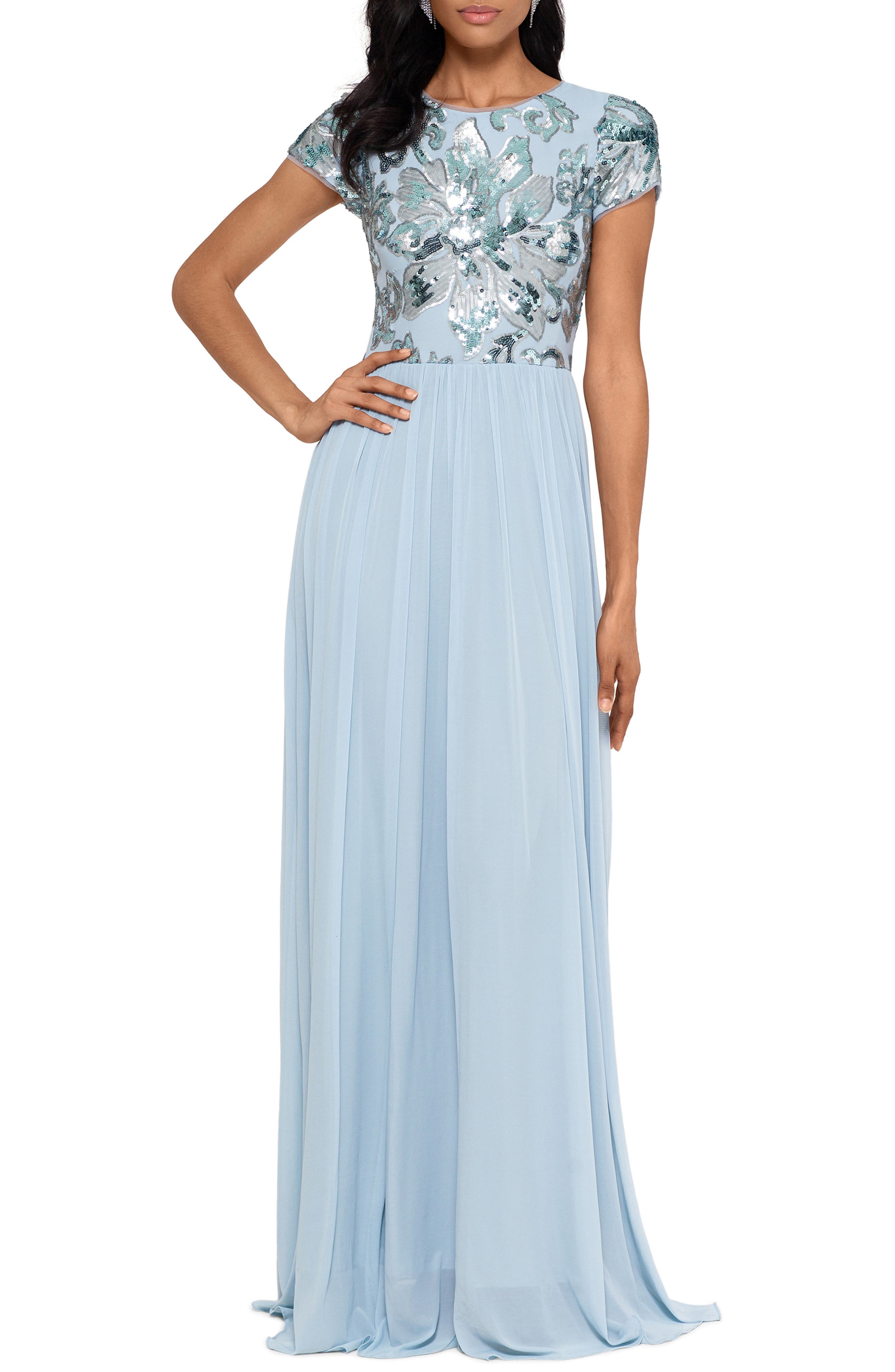 betsy & adam floral sequin beaded bodice empire waist gown