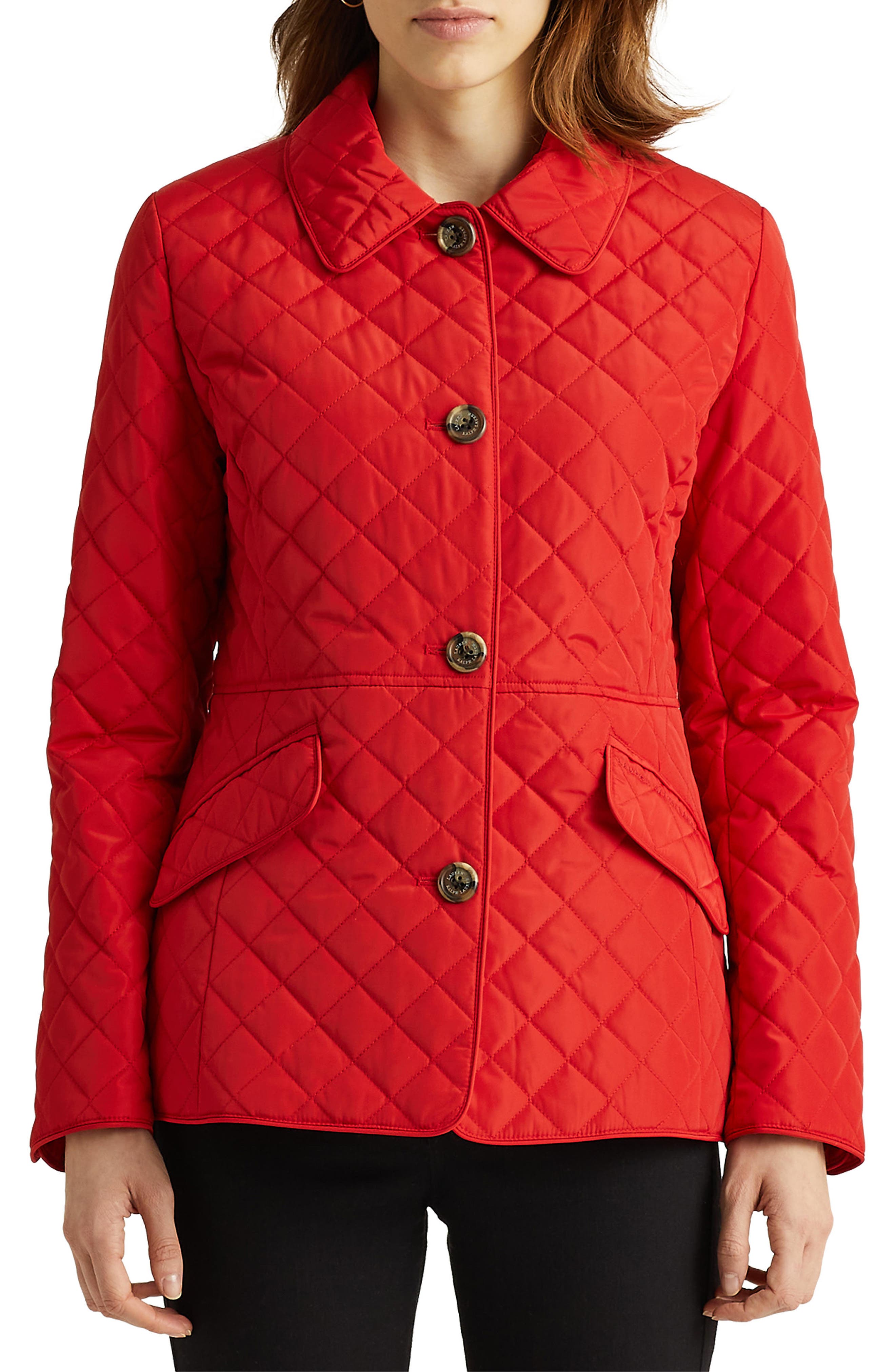 Women/'s wool walk jacket navy blue with dots on red