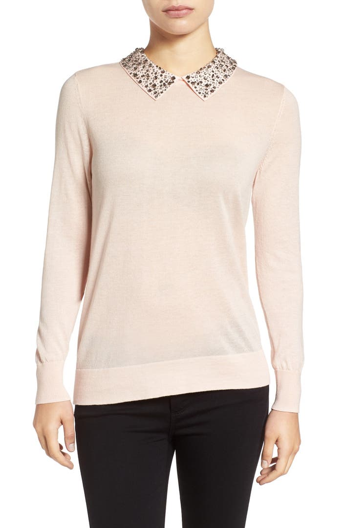 Halogen® Embellished Collar Sweater (Regular & Petite) | Nordstrom