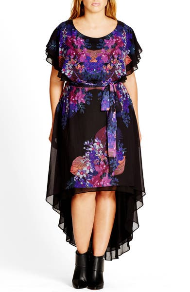 Main Image - City Chic 'Dream Catcher' Belted Floral Print High/Low Dress (Plus Size)