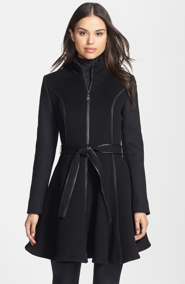 Dawn Levy 'Fergie' Leather Trim Belted Wool Coat | Nordstrom