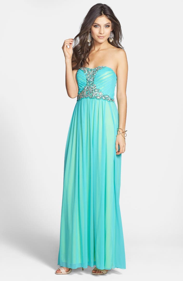 Way-In Beaded Strapless Mesh Gown (Juniors) | Nordstrom