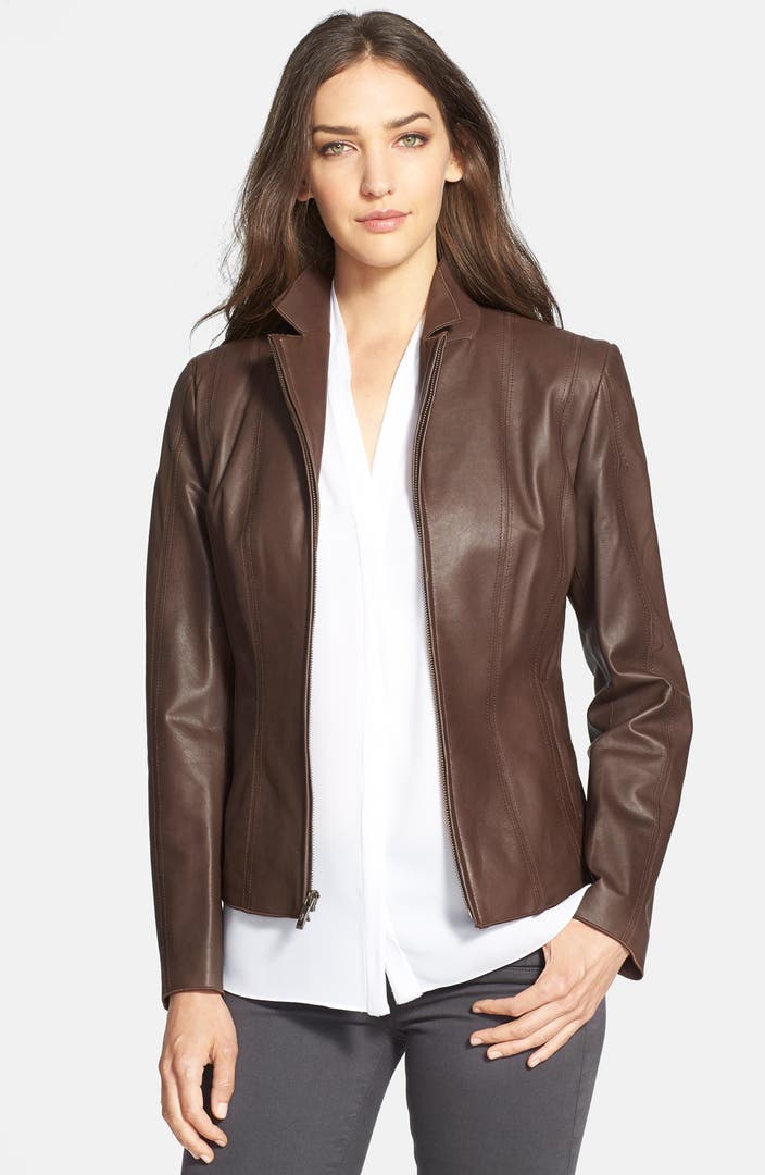 Cole Haan Notch Collar Lambskin Leather Jacket (Regular & Petite ...