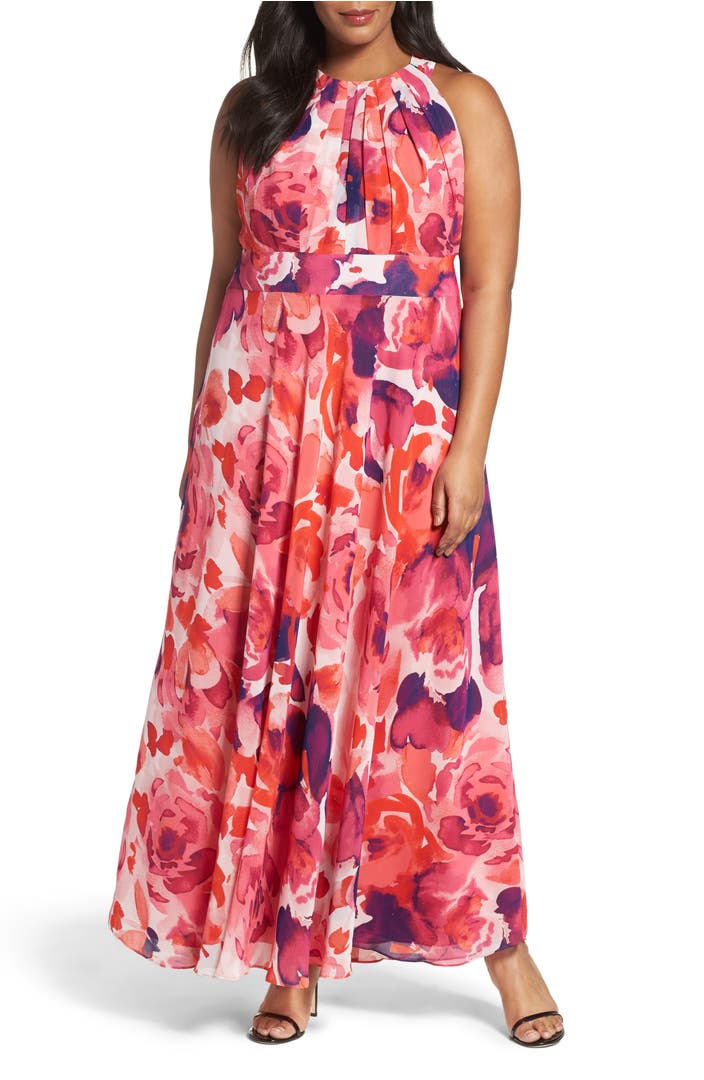 Eliza J Floral Print Halter Maxi Dress (Plus Size) | Nordstrom