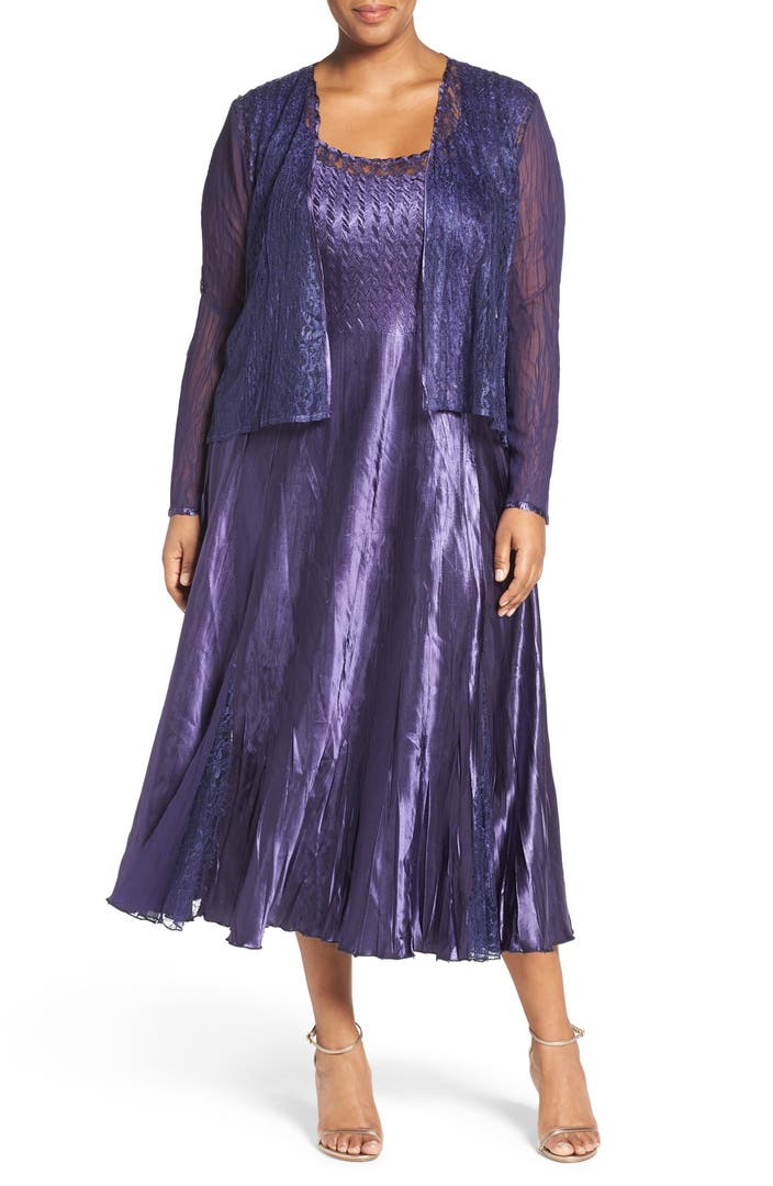 Komarov Sleeveless Charmeuse Dress with Lace & Chiffon Jacket (Plus ...