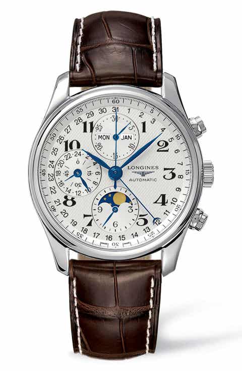 Longines Master Automatic Chronograph Leather Strap Watch, 40mm