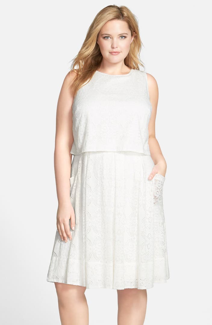 Adrianna Papell Back Cutout Popover Medallion Lace Dress (Plus Size ...