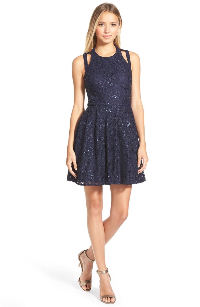 Morgan & Co. Sequin Lace Double Strap Skater Dress | Nordstrom