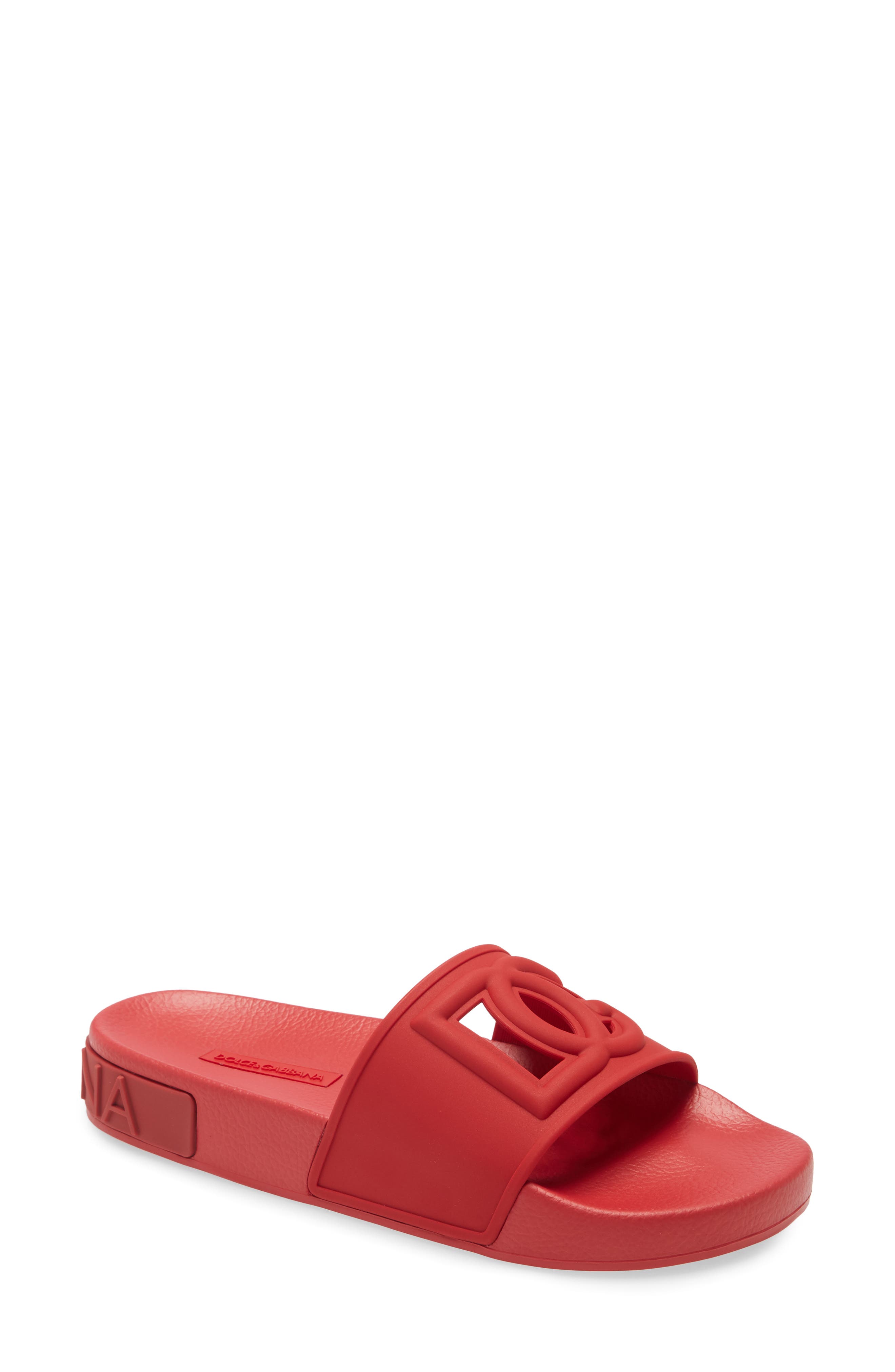 red slip on sandals