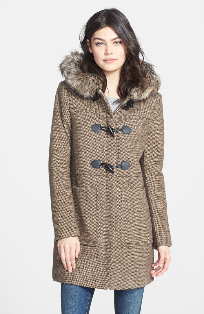 BCBGeneration Tweed Duffle Coat with Faux Fur Trim | Nordstrom