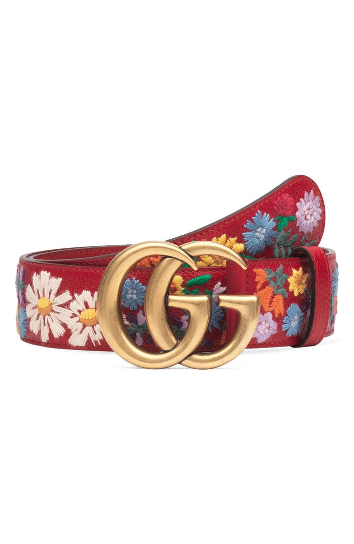 Gucci GG Flower Embroidered Calfskin Leather Belt | Nordstrom