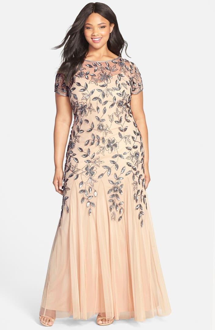 Adrianna Papell Floral Beaded Godet Gown (Plus Size) | Nordstrom