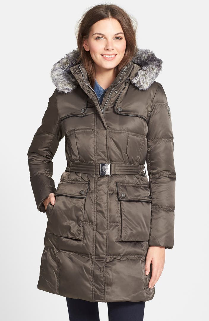 Vince Camuto Belted Quilted Coat with Detachable Faux Fur Trim Hood ...
