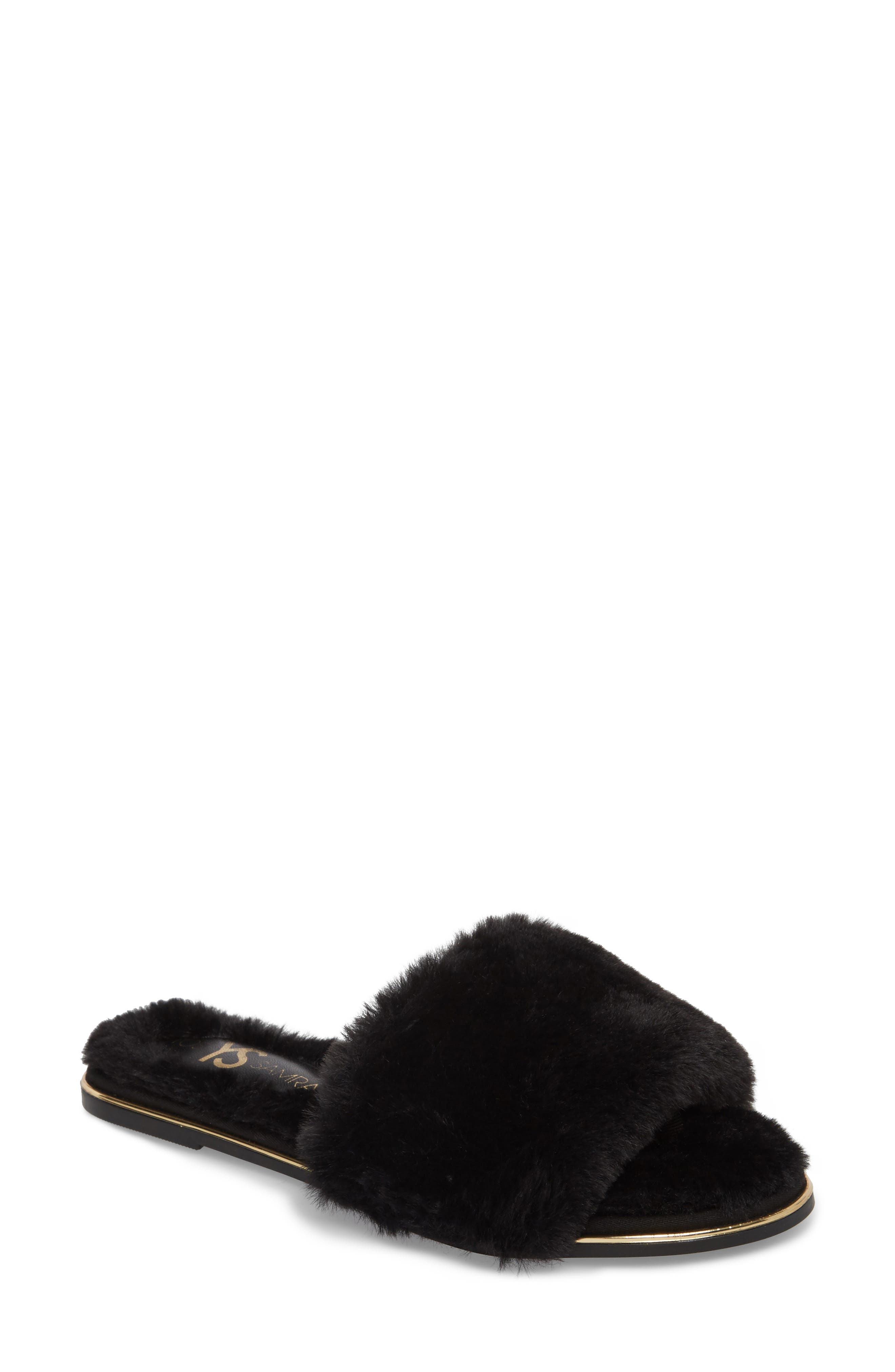 Yosi Samra Rose Faux Fur Slide Sandal, Black