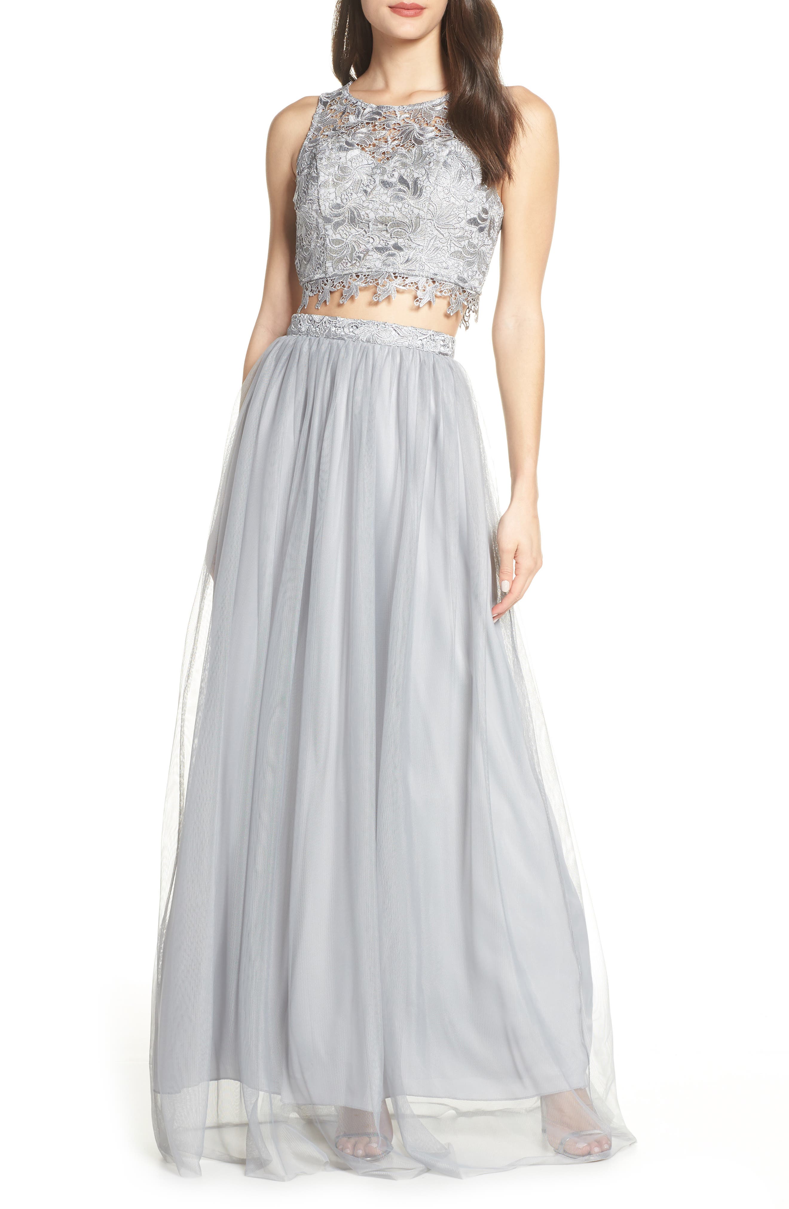 Sequin Hearts Lace & Tulle Two-Piece Evening Dress, Grey