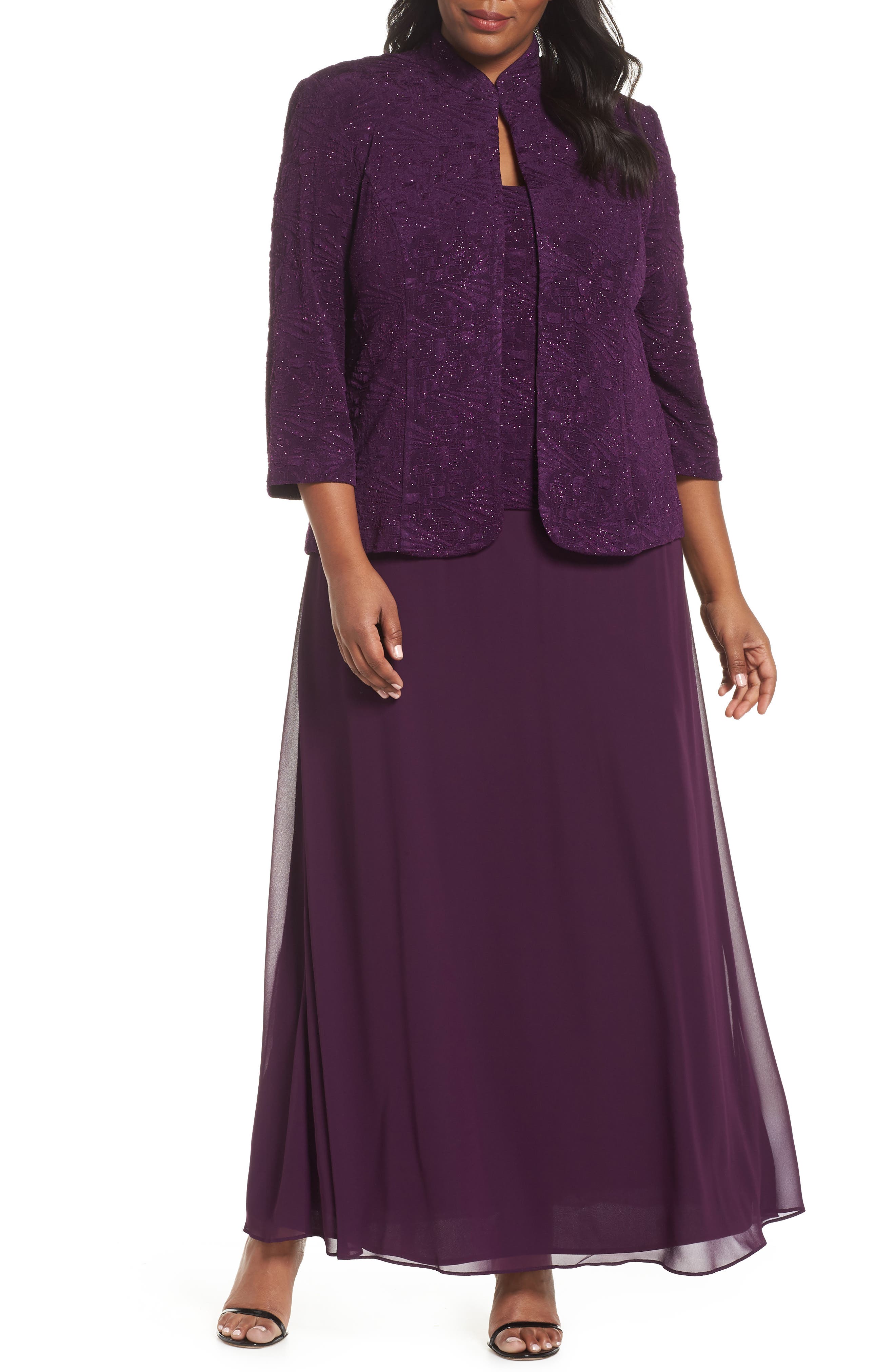 Plus Size Alex Evenings Lace & Chiffon Gown With Jacket, Purple