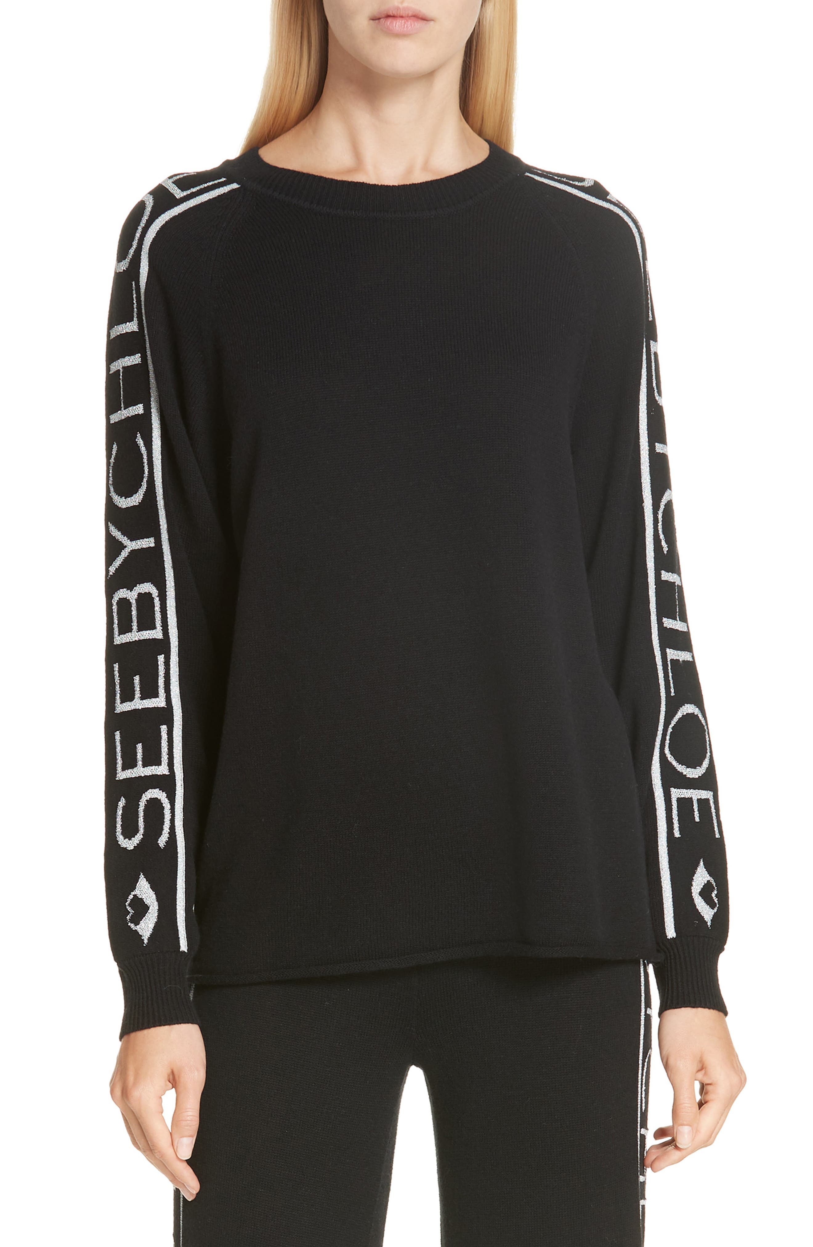 See By Chloe Logo Jacquard Sleeve Wool Blend Sweater, Black