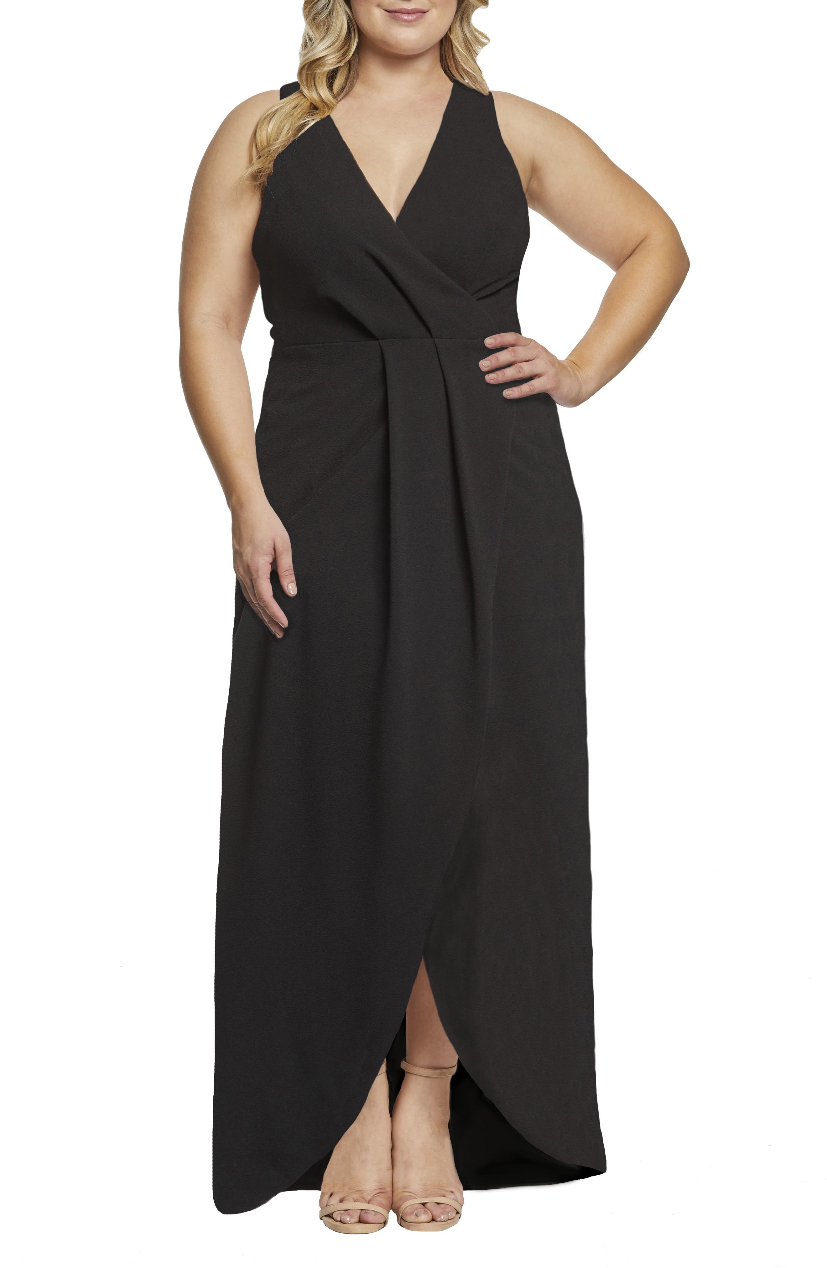 Plus Size Dress The Population Ariel Racerback Faux Wrap Evening Dress, Black