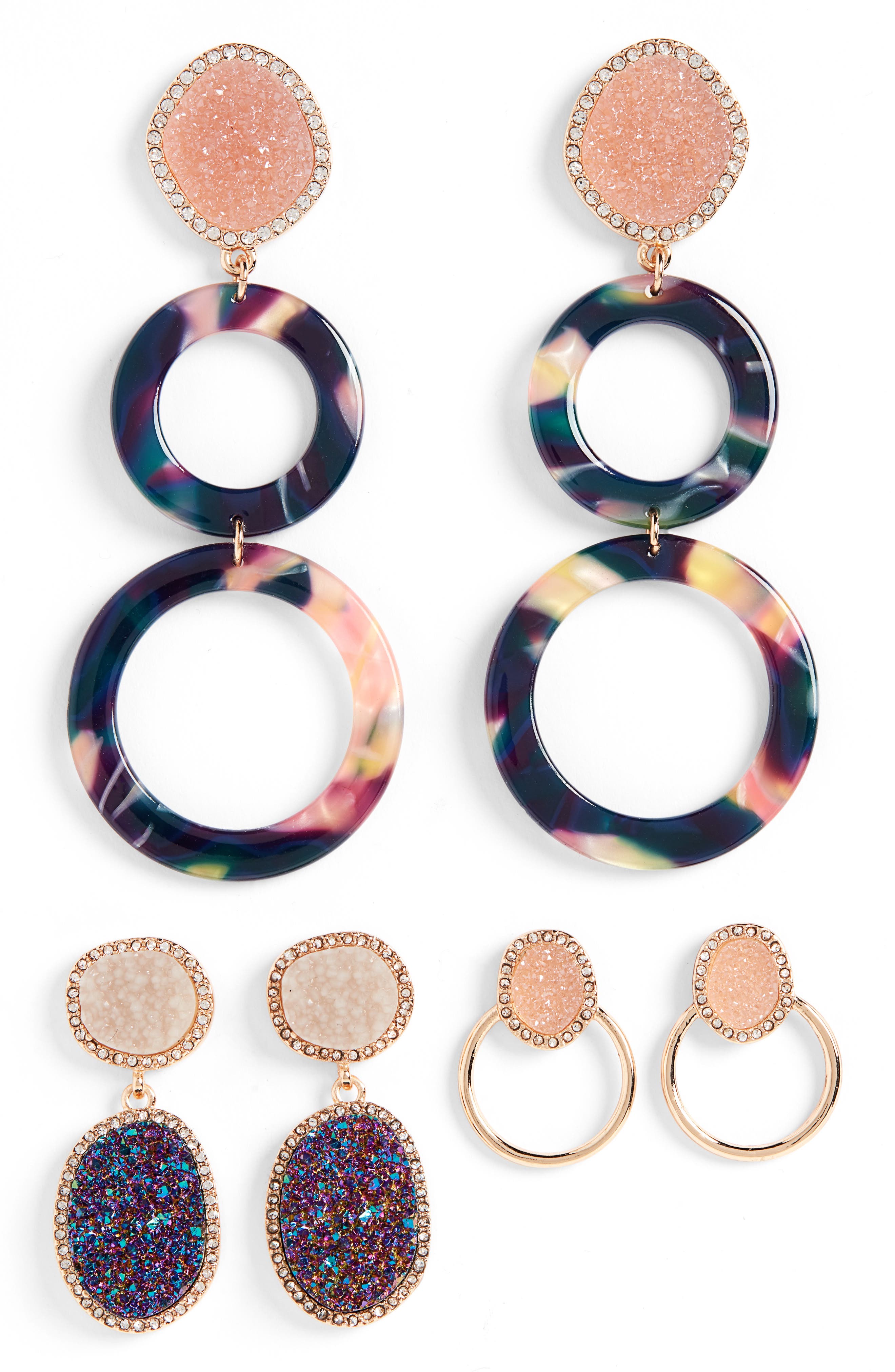 Set of 3 Hoop & Drop Earrings, Main, color, MULTI