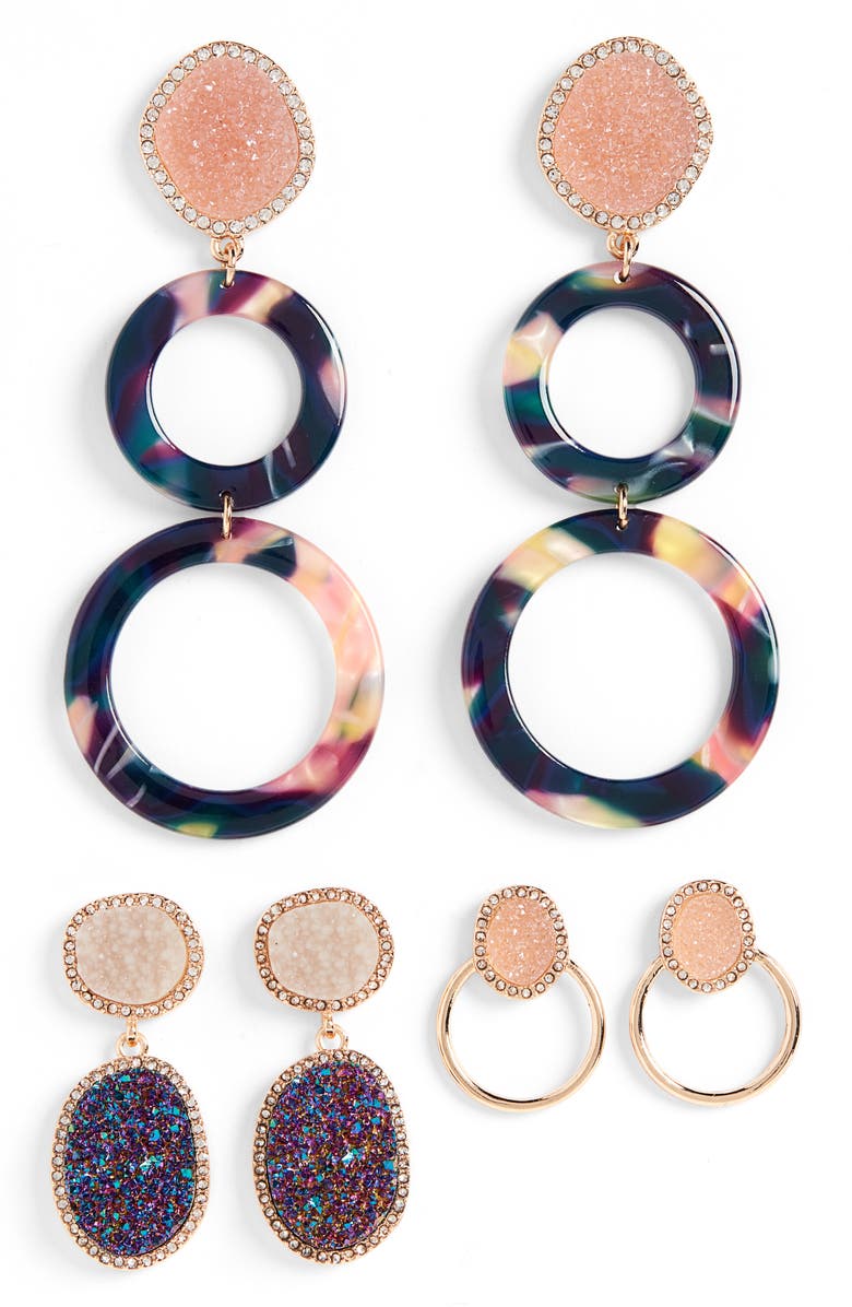 Set of 3 Hoop & Drop Earrings, Main, color, MULTI