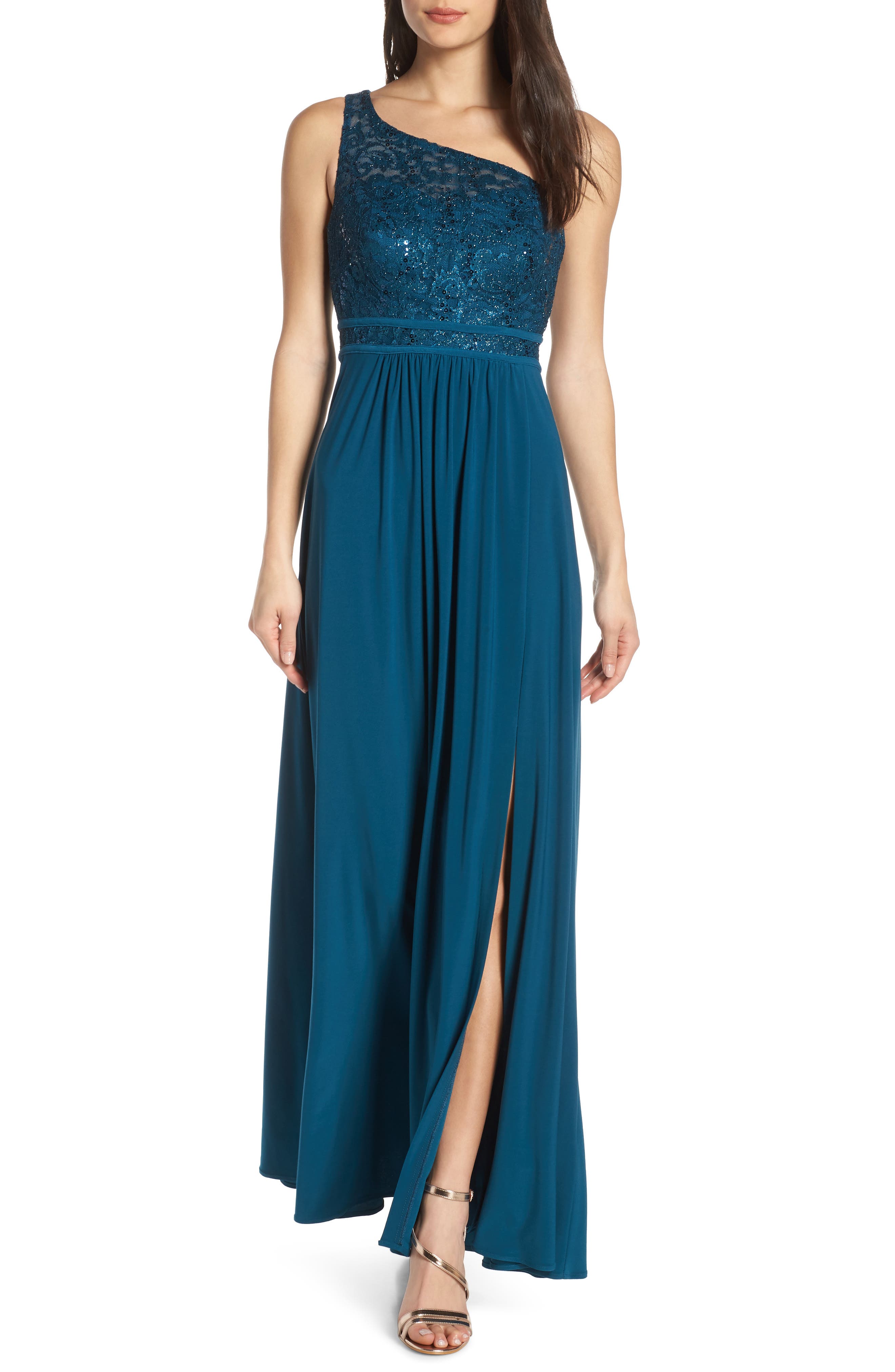 Morgan & Co. One Shoulder Lace Bodice Evening Dress, Blue/green