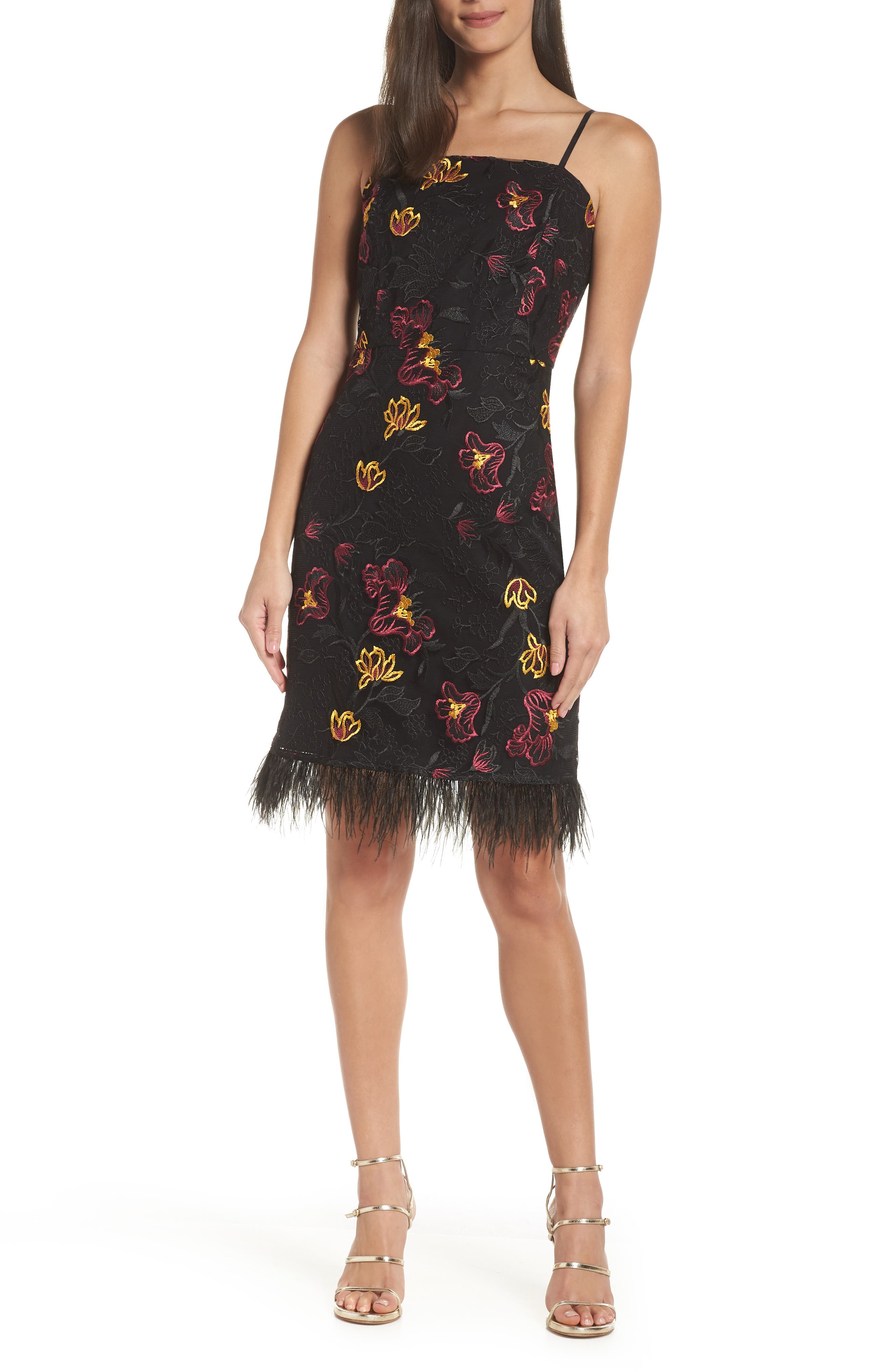 Sam Edelman Feather Trim Embroidered Mesh Sheath Dress, Black