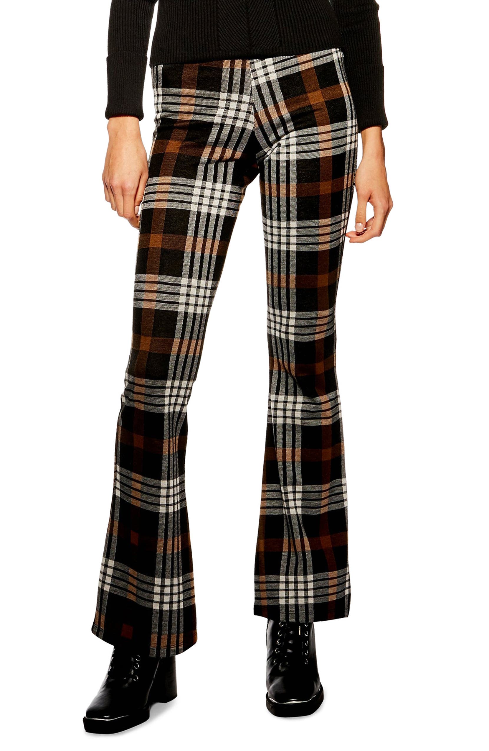 TOPSHOP Plaid Flare Pants, Main, color, BROWN MULTI