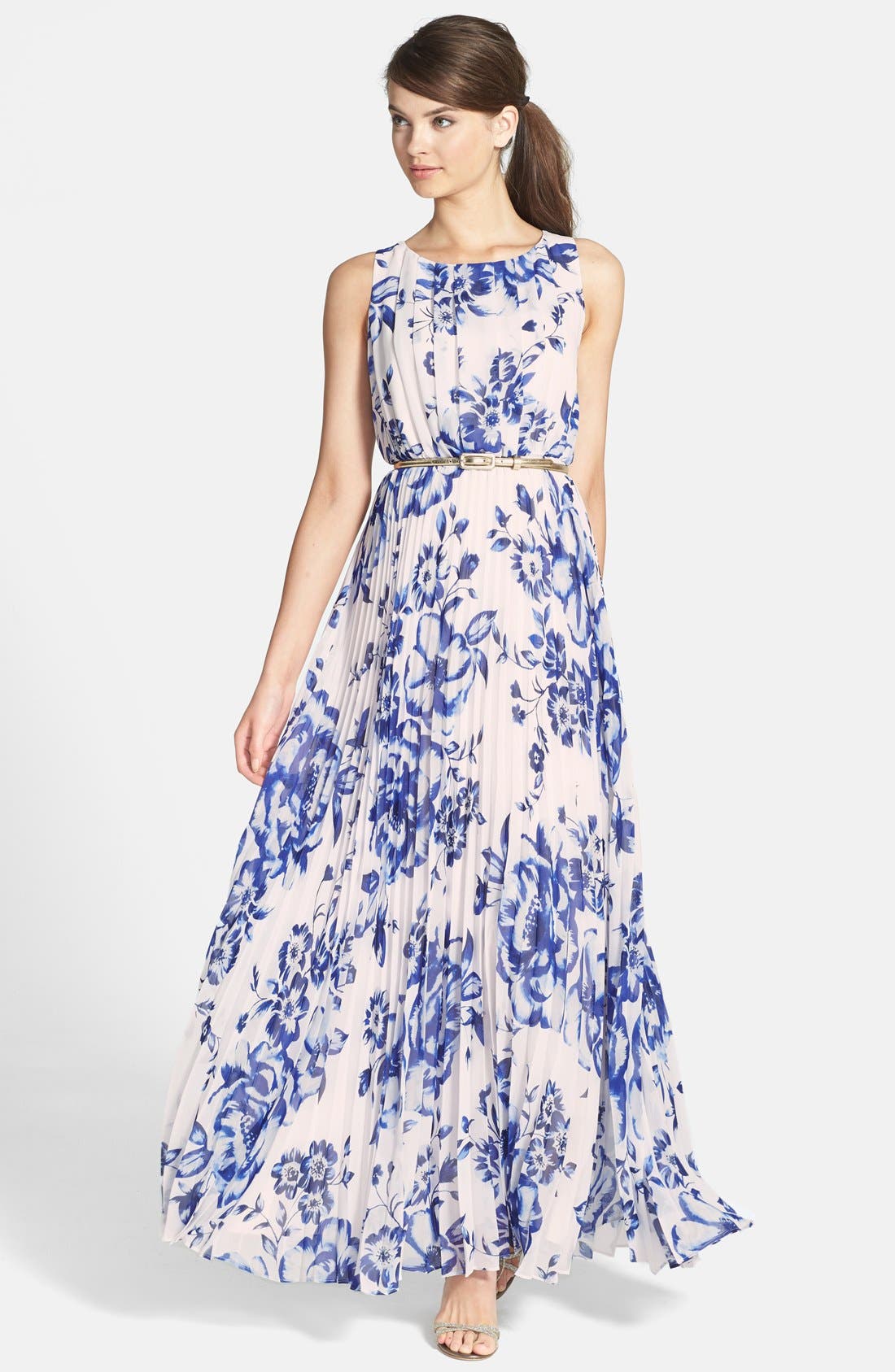 Eliza J Pleated Floral Chiffon Maxi Dress