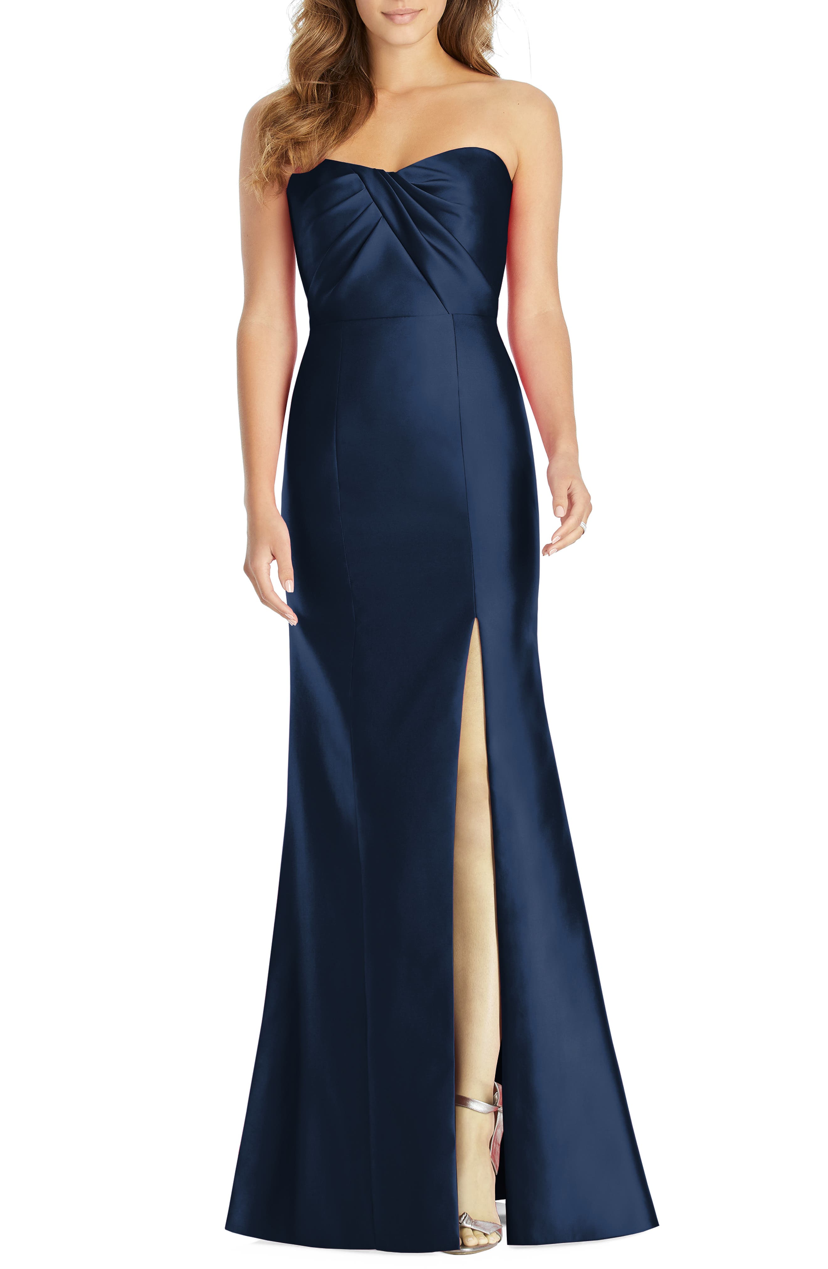 Alfred Sung Sateen Twill Strapless Sweetheart Neckline Gown, Blue