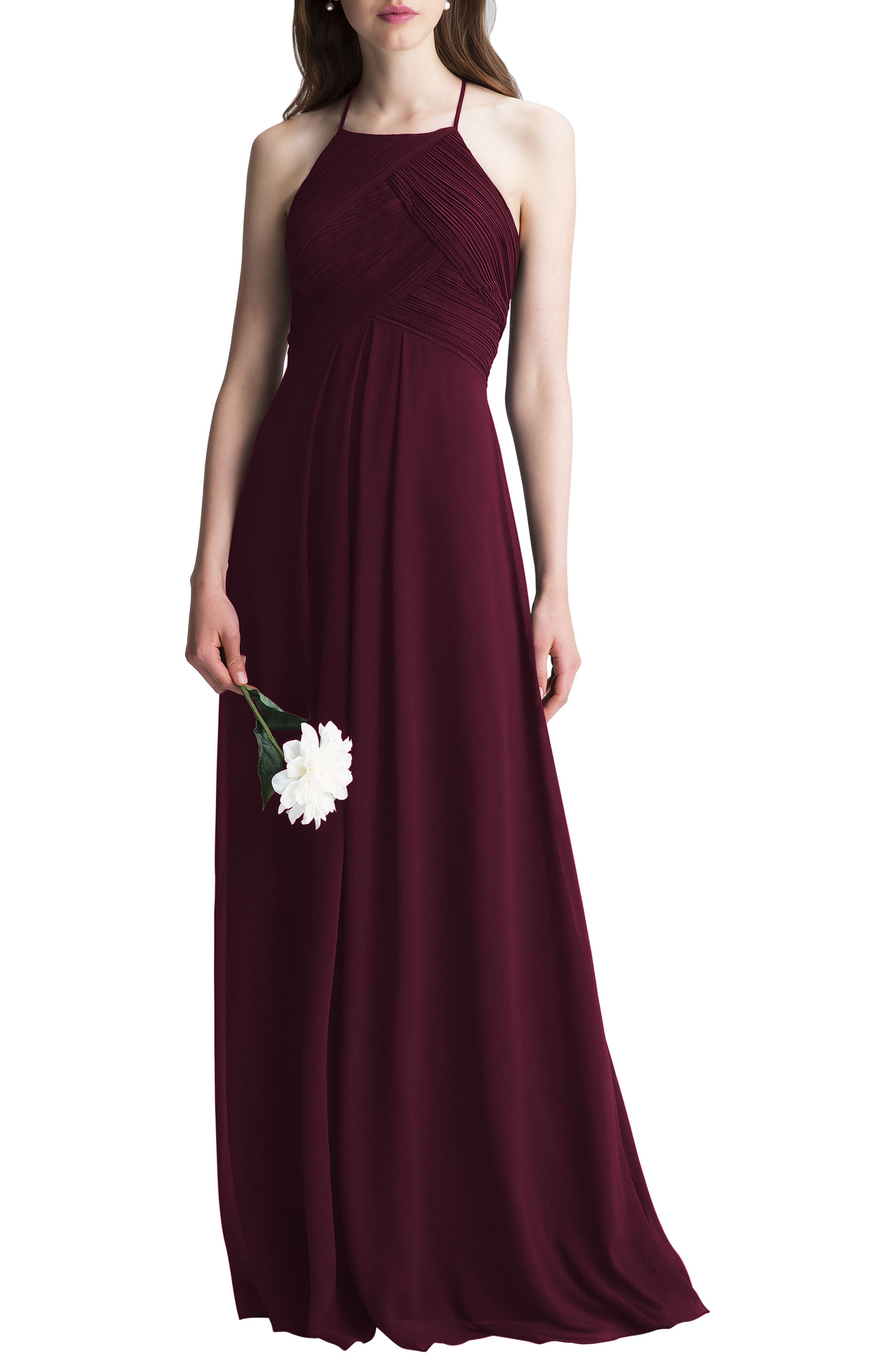 #levkoff Halter Chiffon A-Line Gown, Red