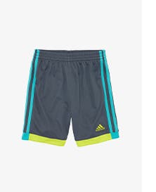 Grey adidas shorts with turquoise and green accents.